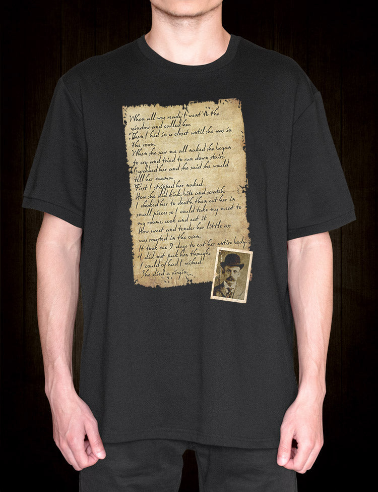 Graphic t-shirt featuring Albert Fish's letter to the Budd family
