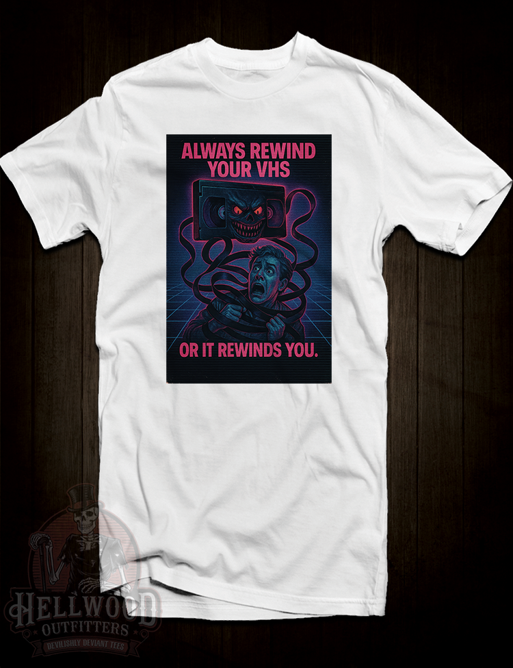 VHS horror nostalgia graphic tee retro neon PSA style