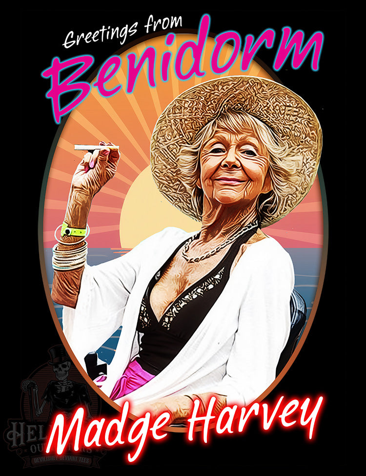 Madge on scooter Benidorm comedy tee