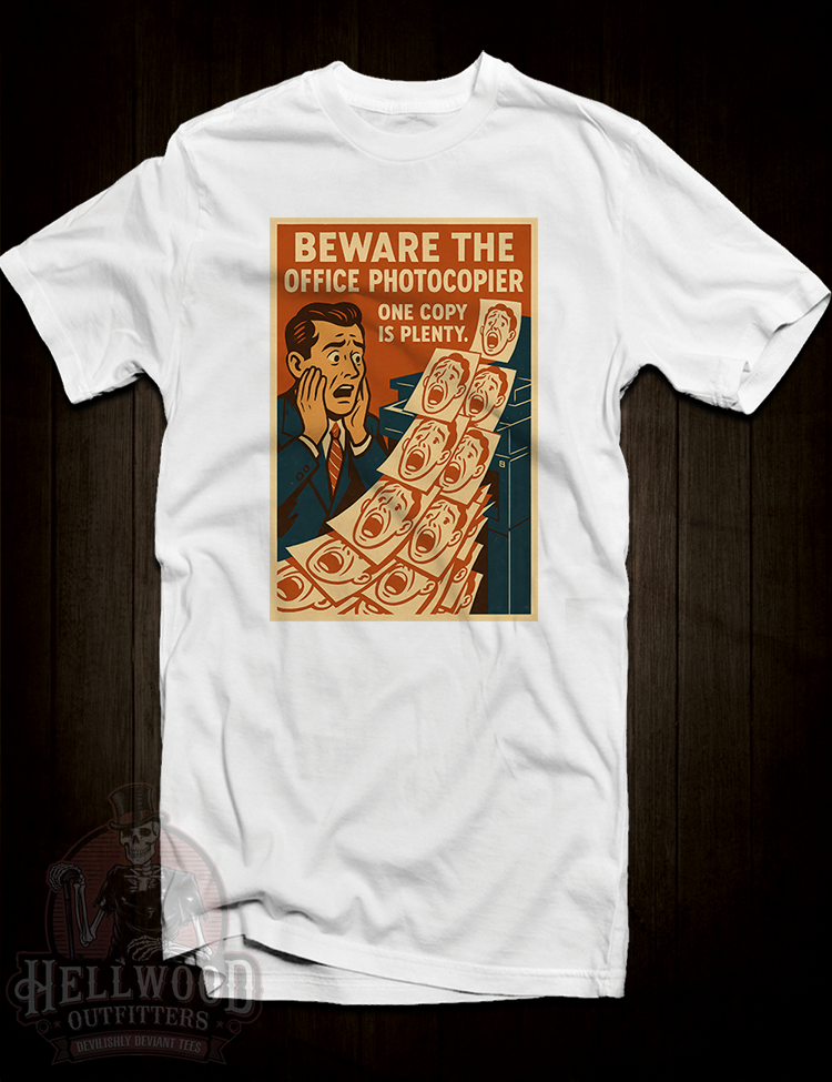 Mid-century propaganda parody Beware The Photocopier shirt