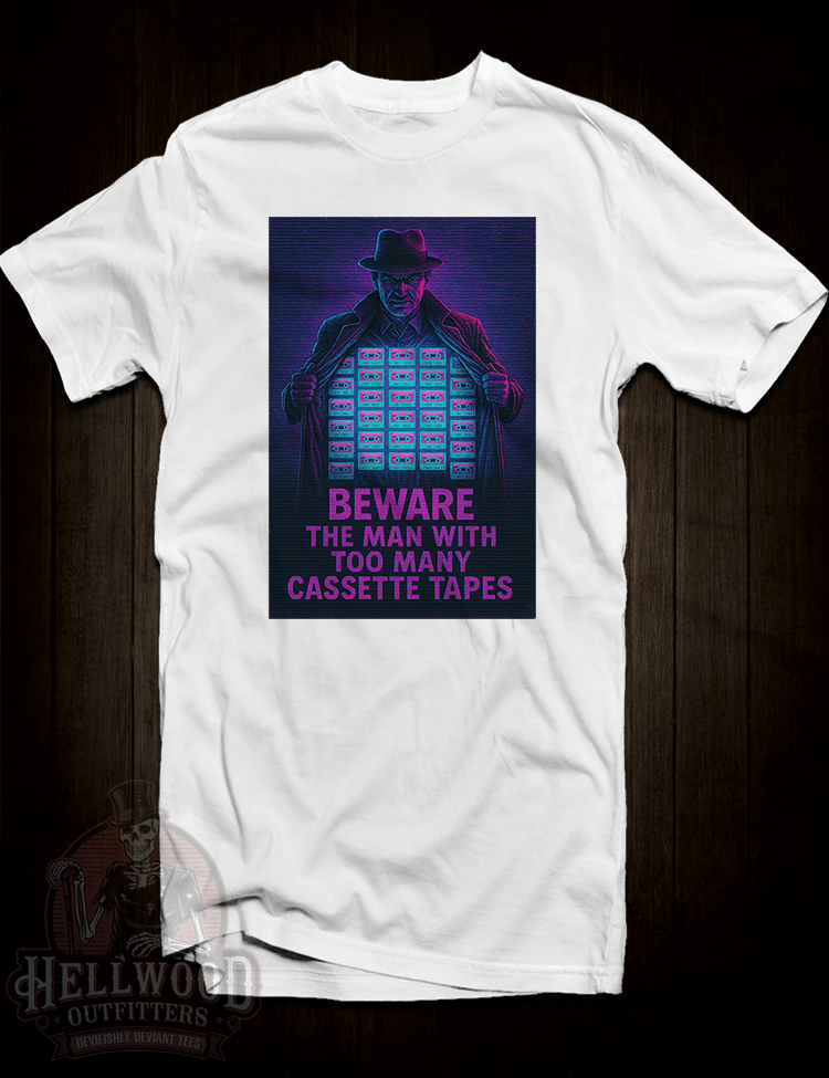 Cult synthwave paranoia Beware Cassette Man retro tee