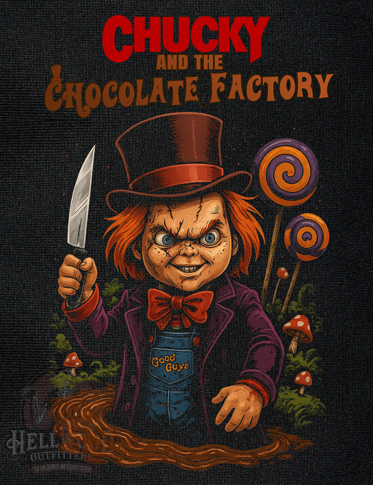Evil Chucky in Willy Wonka outfit graphic tee