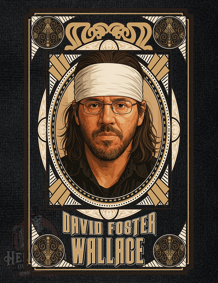 Illustration of David Foster Wallace with decorative frame on a black background