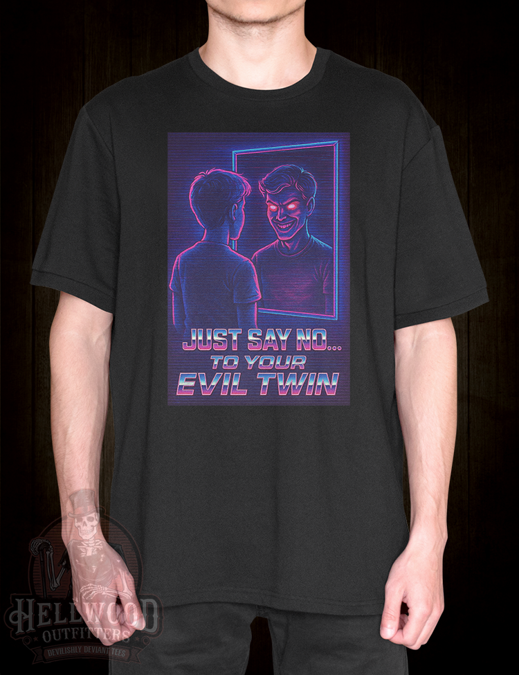 Dark synthwave neon art t-shirt doppelgänger theme
