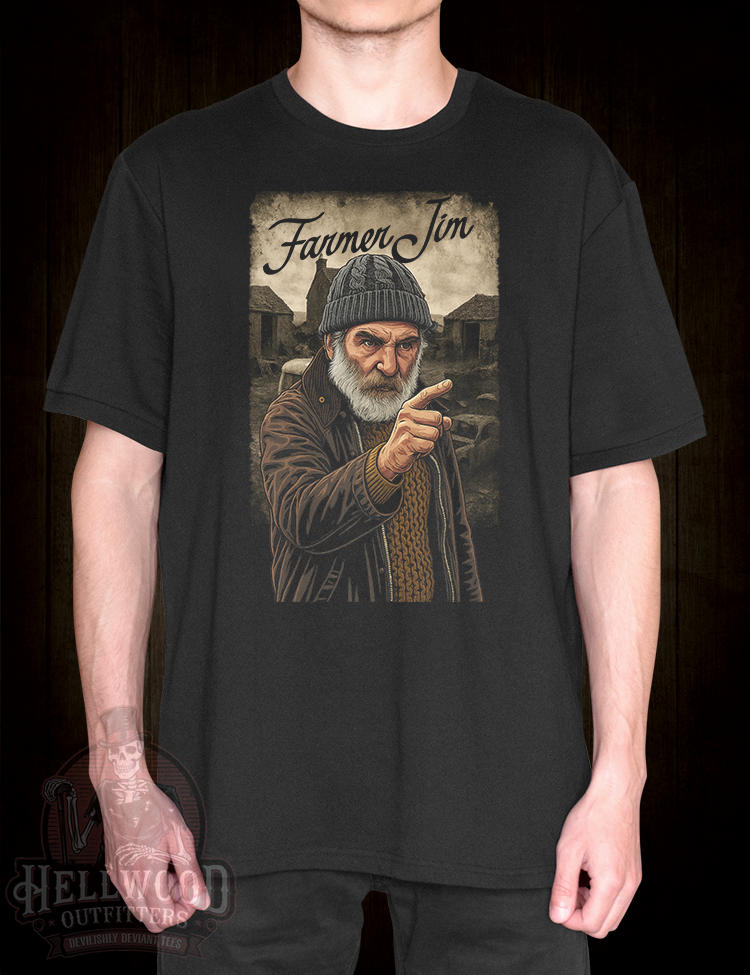 Gritty Farmer Jim pointing illustration on black shirt