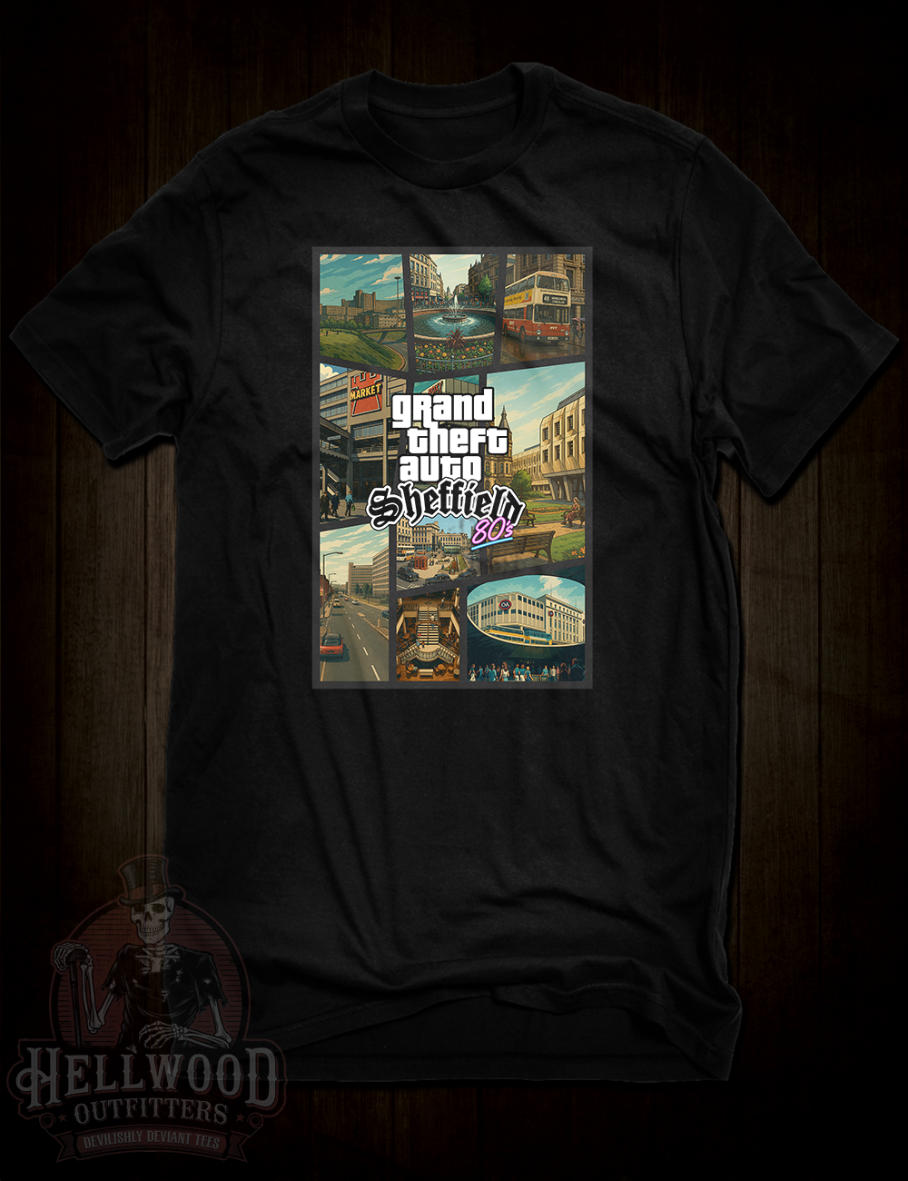 GTA-style t-shirt with 1980s Sheffield design