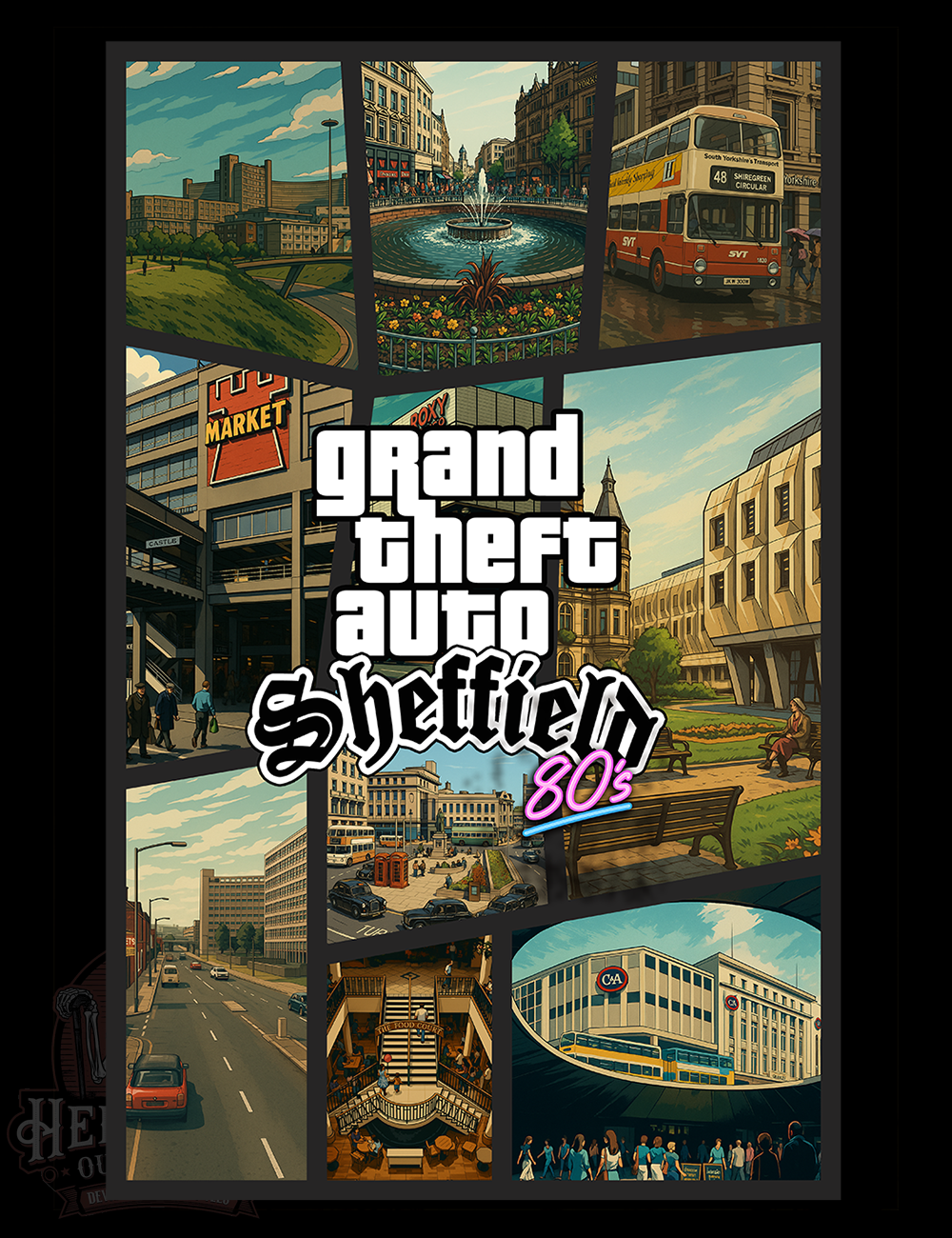 Sheffield landmarks in retro video game shirt