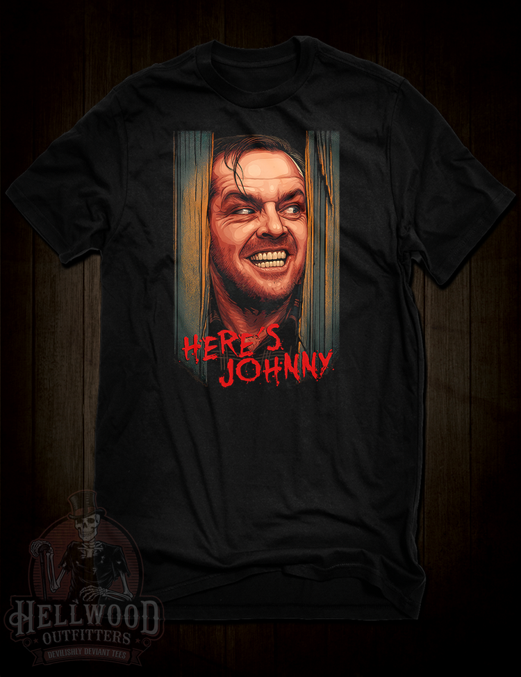THE SHINING HERE'S JOHNNY Jack Nicholson Cult Film Heavy Cotton T-shirt THE SHINING HERE'S JOHNNY Jack Nicholson Cult Film Heavy Cotton T-shirt