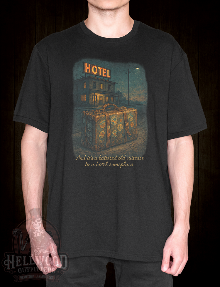 Noir-inspired Tom Waits suitcase and hotel t-shirt design