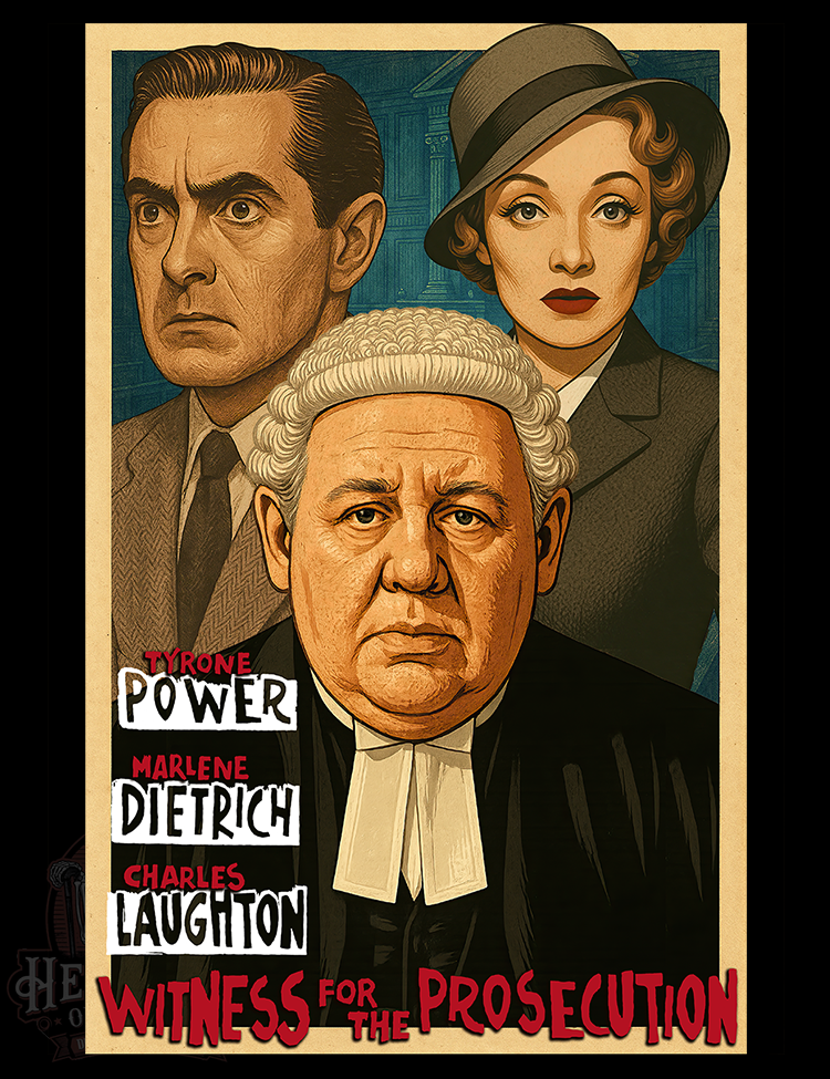 Vintage courtroom drama t-shirt featuring Tyrone Power, Marlene Dietrich, Charles Laughton