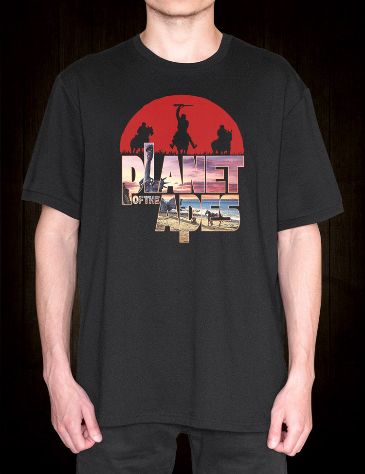 A black t-shirt with a bold print of the iconic Planet of the Apes