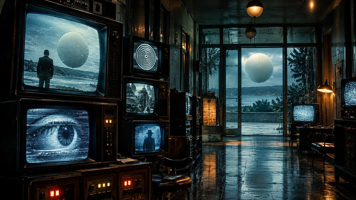 Vintage surveillance monitors and a mysterious white sphere evoke strange British television from the 1960s to 1980s.