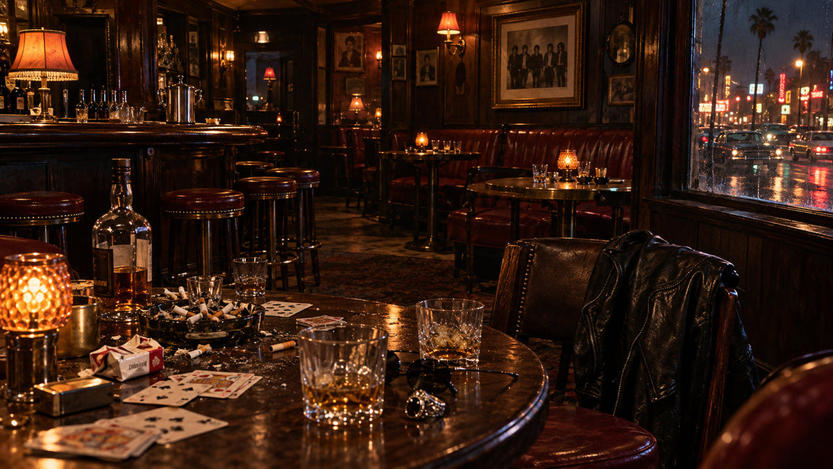 An atmospheric reconstruction of the upstairs bar at the Rainbow Bar & Grill in 1970s Los Angeles, with empty leather booths, abandoned glasses and warm amber lighting.