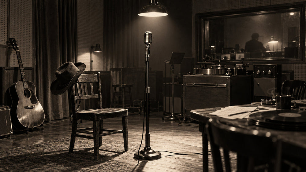 An atmospheric early-1950s Nashville recording studio with a solitary vintage microphone, reel-to-reel equipment and a shadowed cowboy hat evoking Hank Williams' Luke the Drifter recordings.