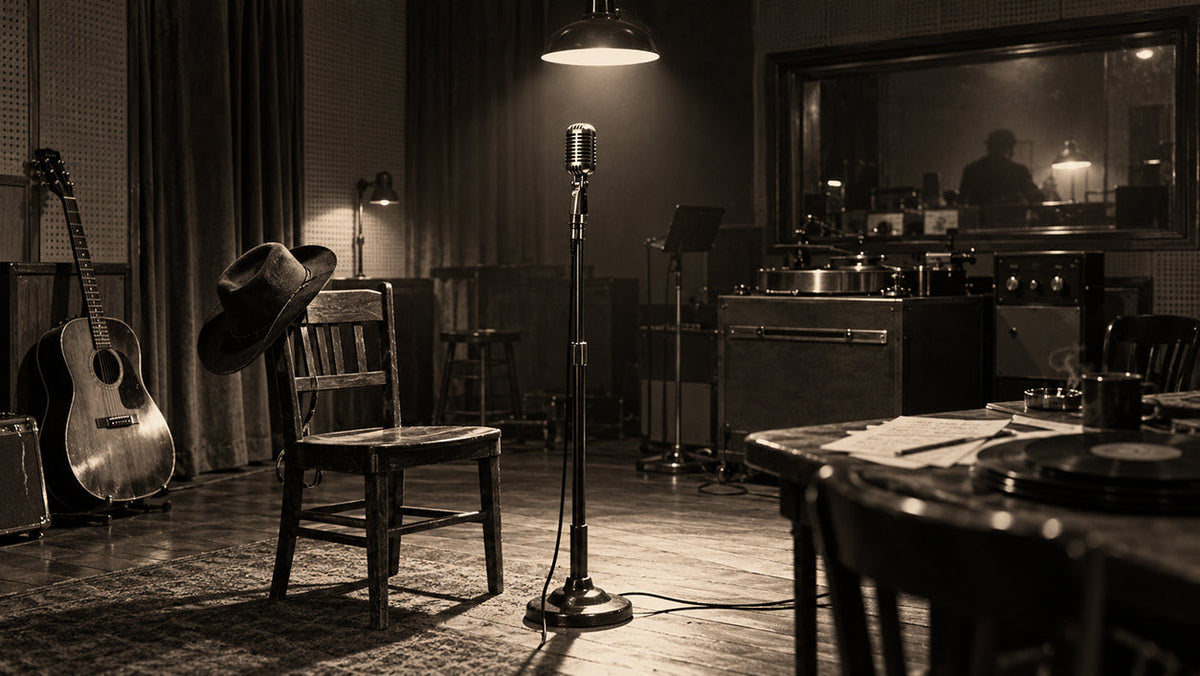 An atmospheric early-1950s Nashville recording studio with a solitary vintage microphone, reel-to-reel equipment and a shadowed cowboy hat evoking Hank Williams' Luke the Drifter recordings.
