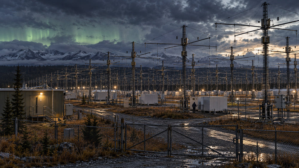 An isolated HAARP research installation in Alaska, with towering radio antennas beneath a dark, cloud-filled northern sky.