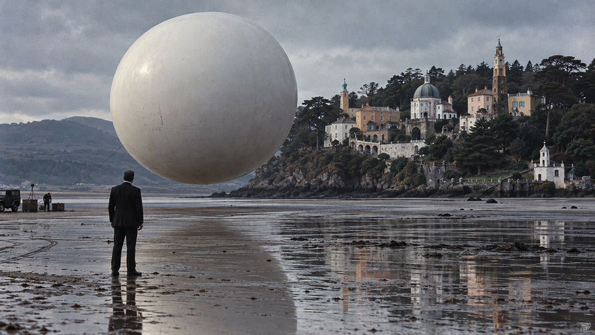 A mysterious giant white balloon hovering above the sands at Portmeirion, with a solitary man watching from the shoreline, evoking Rover from the 1967 television series The Prisoner.