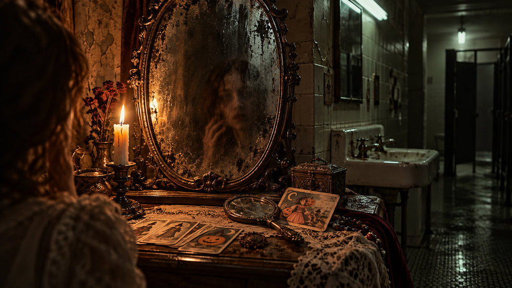 Candlelit antique mirror in a dark bathroom evoking the Bloody Mary mirror legend and its roots in supernatural divination