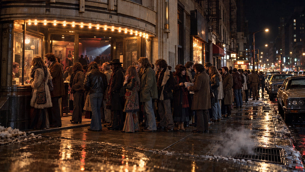 A crowded New York underground cinema in December 1970, with counterculture filmgoers waiting for a midnight screening of El Topo at the Elgin Theater.