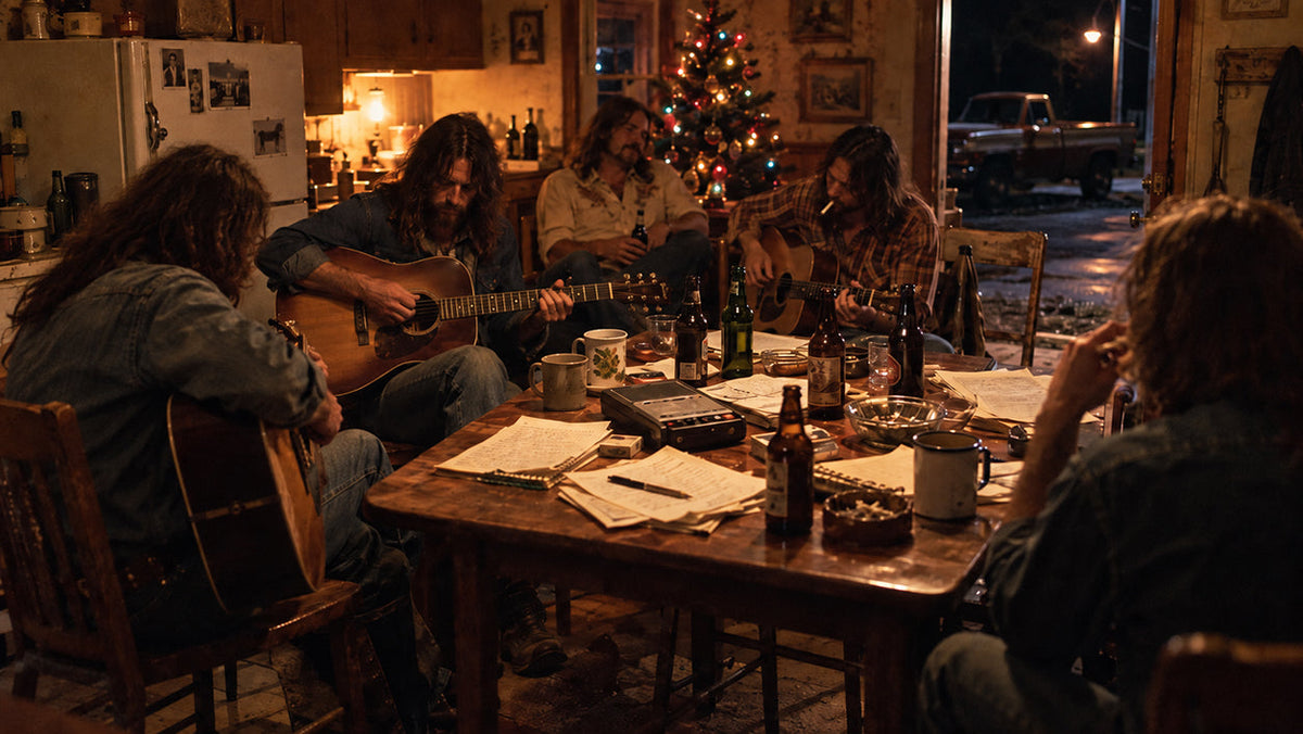 970s Nashville kitchen filled with country songwriters, battered acoustic guitars and cigarette smoke, evoking the intimate world documented in Heartworn Highways