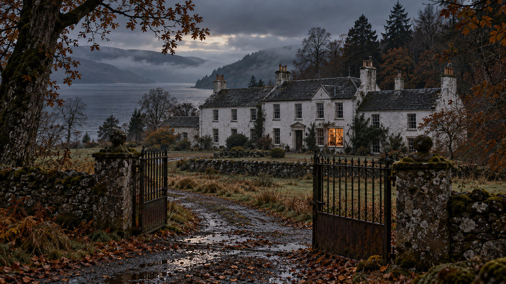 Boleskine House overlooking the wooded shore of Loch Ness at dusk, with one illuminated window suggesting its mysterious history as Aleister Crowley's occult retreat.