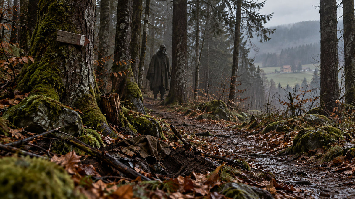 A mysterious solitary figure wearing an old military gas mask and dark cloak stands among mist-covered trees in a Swiss forest, evoking the legend of Le Loyon, the Ghost of Maules.