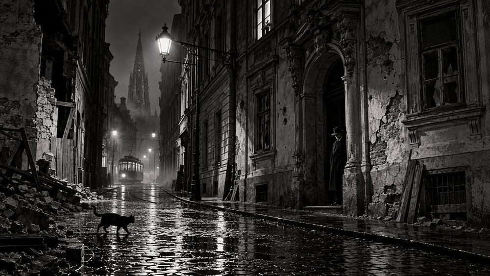 Postwar Vienna at night with wet cobbled streets, damaged historic buildings and a solitary shadowed figure evoking the atmosphere of The Third Man.