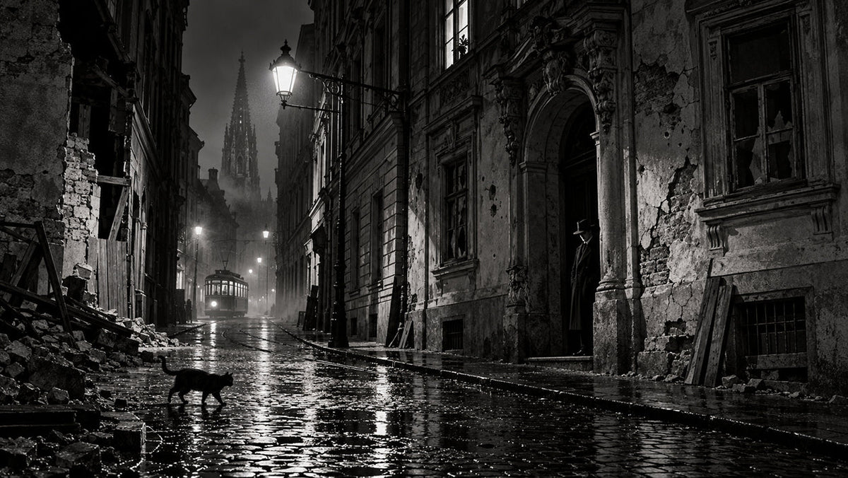 Postwar Vienna at night with wet cobbled streets, damaged historic buildings and a solitary shadowed figure evoking the atmosphere of The Third Man.
