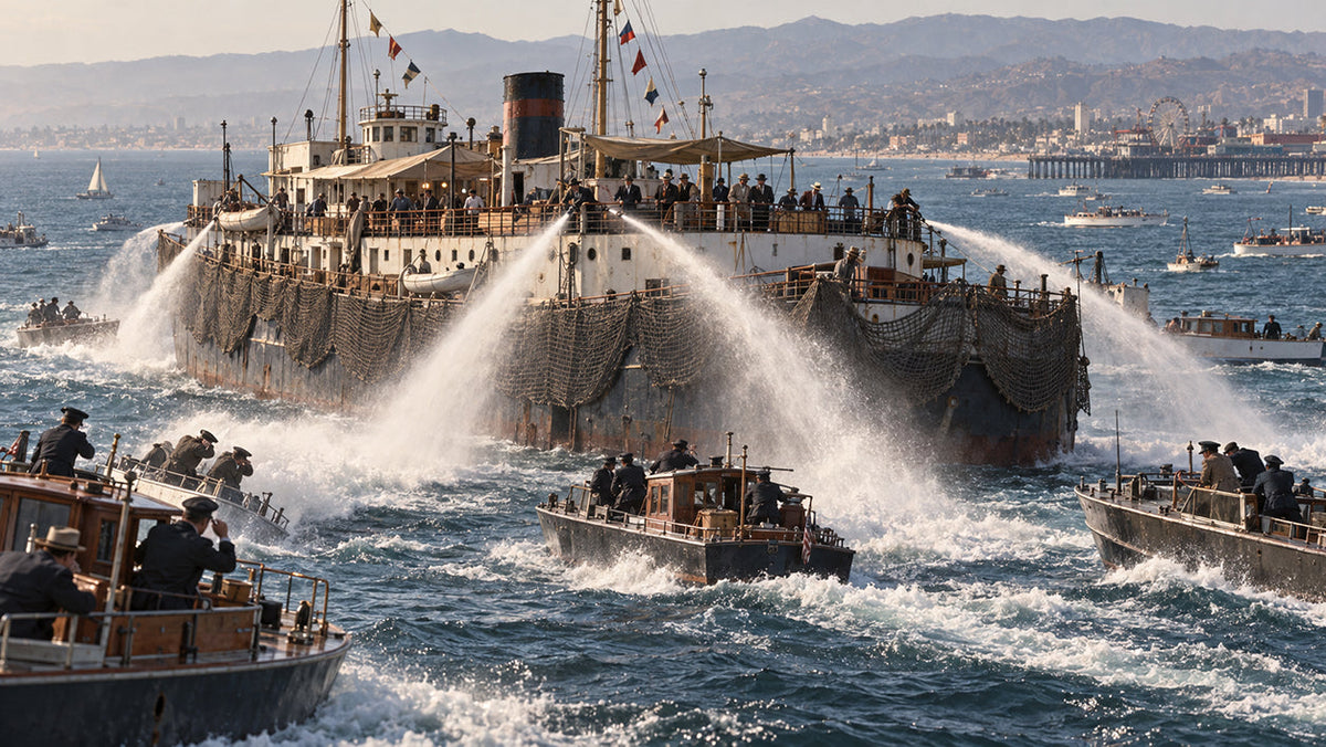 The SS Rex floating casino surrounded by police launches during the 1939 Battle of Santa Monica Bay, with water cannons defending the vessel against boarding officers.