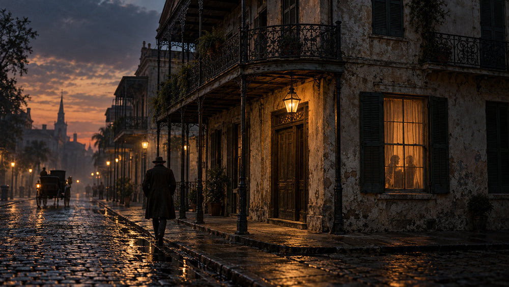 A mysterious nineteenth-century New Orleans building at dusk, its illuminated doorway and deserted cobbled street evoking the legendary House of the Rising Sun.
