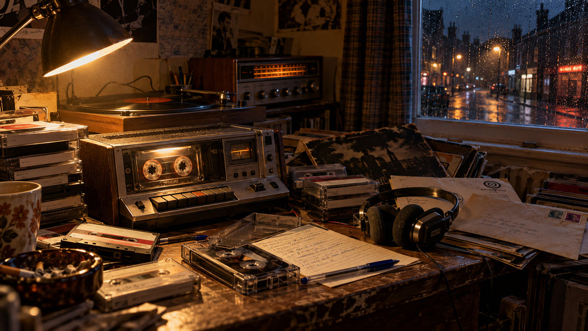 Vintage 1980s cassette recorder surrounded by homemade mixtapes, handwritten track lists and record sleeves in a dimly lit British bedroom.