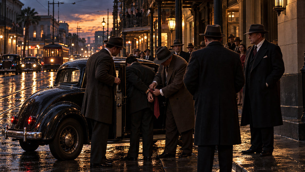 FBI agents surrounding a 1930s Plymouth coupe on a New Orleans street, evoking the arrest of gangster Alvin Karpis by J. Edgar Hoover in May 1936.