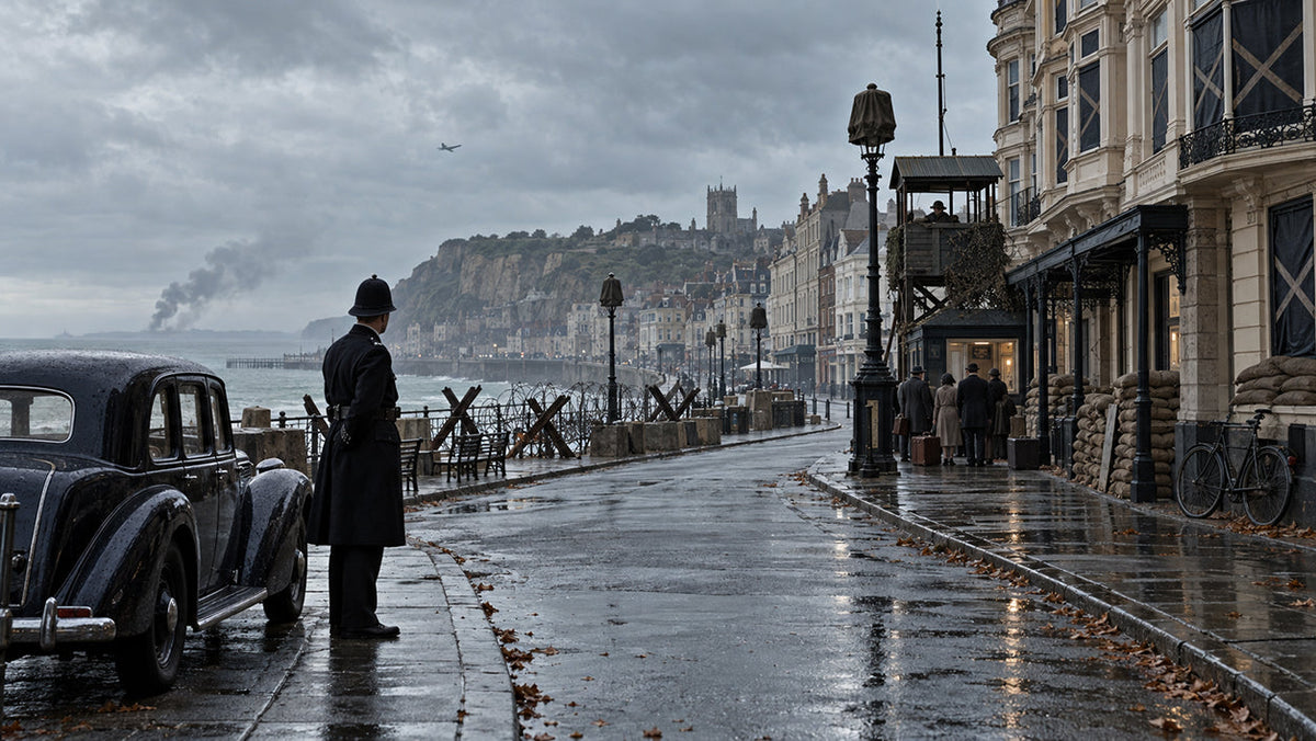 A deserted Hastings seafront in 1940, with barbed-wire defences, blackout curtains and distant military activity evoking the wartime setting of Foyle's War.