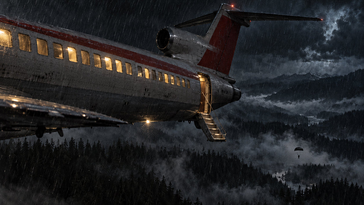 Boeing 727 flying above the rain-dark forests of the Pacific Northwest at night, evoking the unsolved 1971 D. B. Cooper hijacking