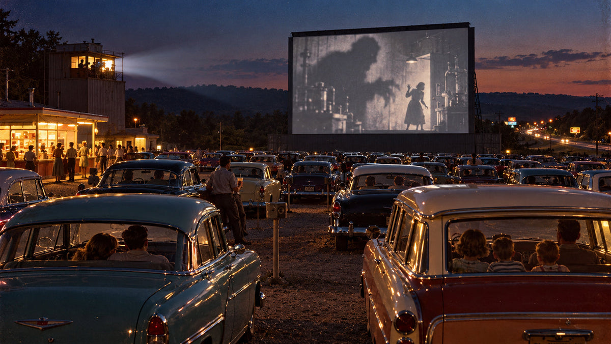 Cinematic reconstruction of a 1950s American drive-in cinema at dusk, with vintage cars facing an enormous outdoor screen beneath a darkening summer sky.