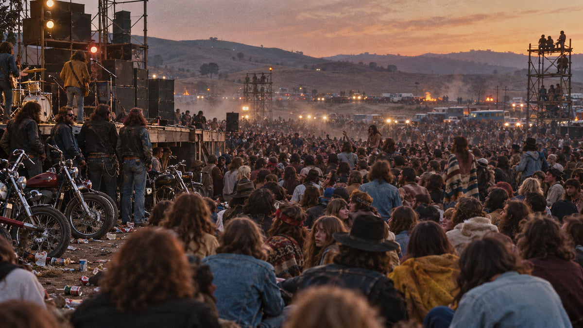 Chaotic late-1960s outdoor rock concert at a California speedway evoking the Altamont Free Concert and the collapse of counterculture optimism