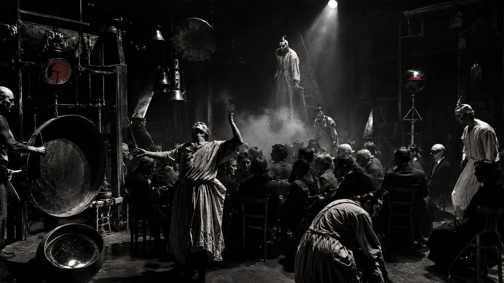 Experimental 1930s Paris theatre performance using harsh light, ritual movement and an audience surrounded by the action
