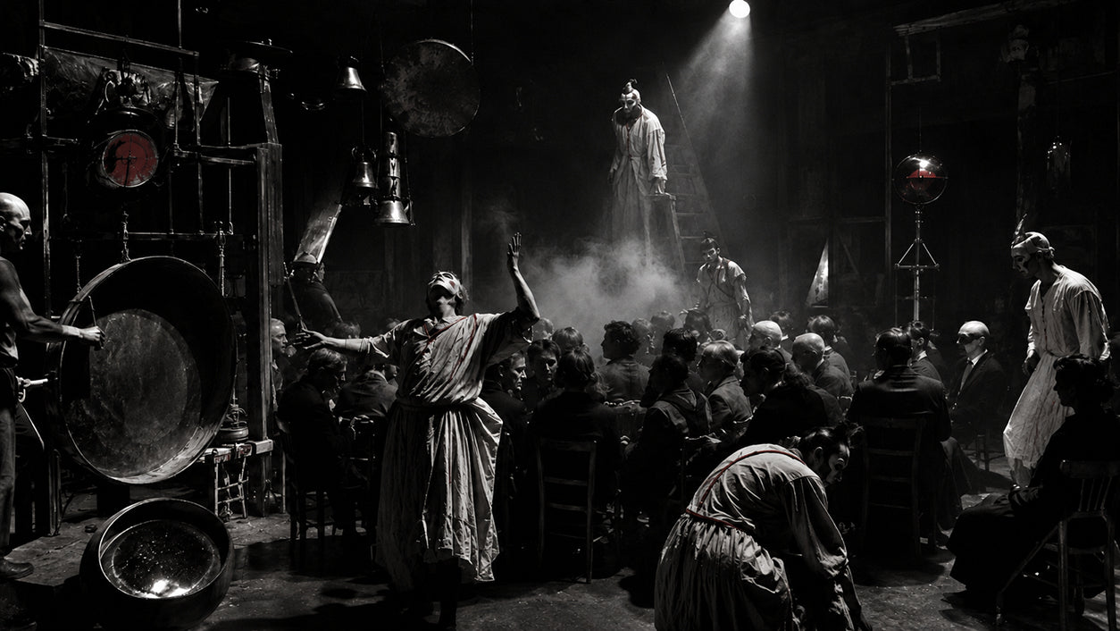 Experimental 1930s Paris theatre performance using harsh light, ritual movement and an audience surrounded by the action