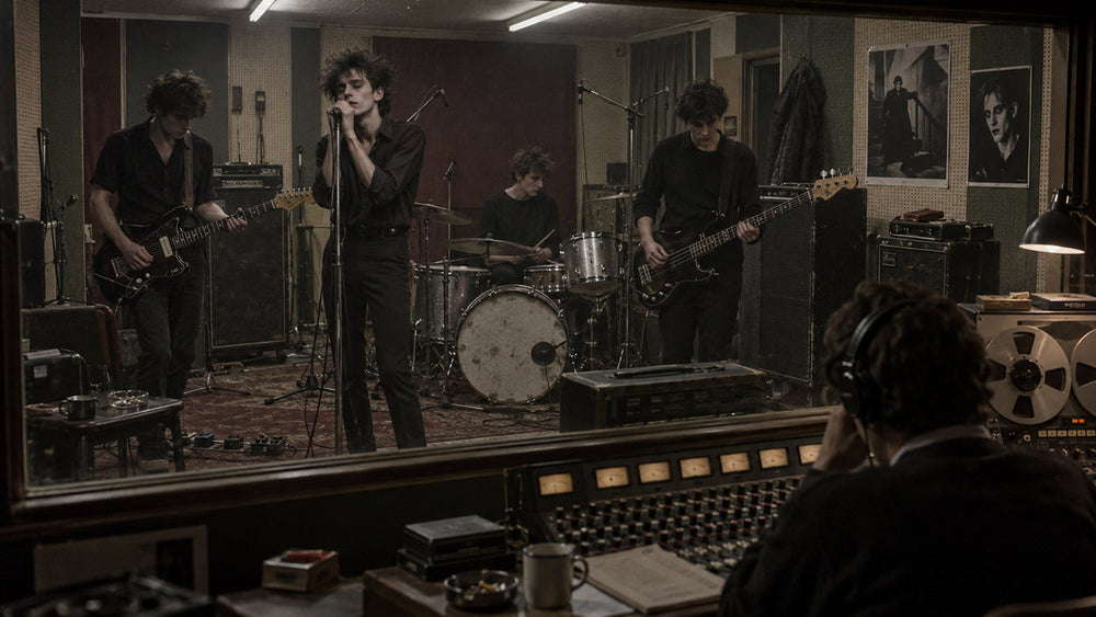 Late-1970s British post-punk band recording a sparse atmospheric track in a small analogue studio surrounded by horror-film imagery
