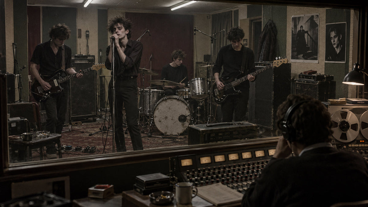 Late-1970s British post-punk band recording a sparse atmospheric track in a small analogue studio surrounded by horror-film imagery