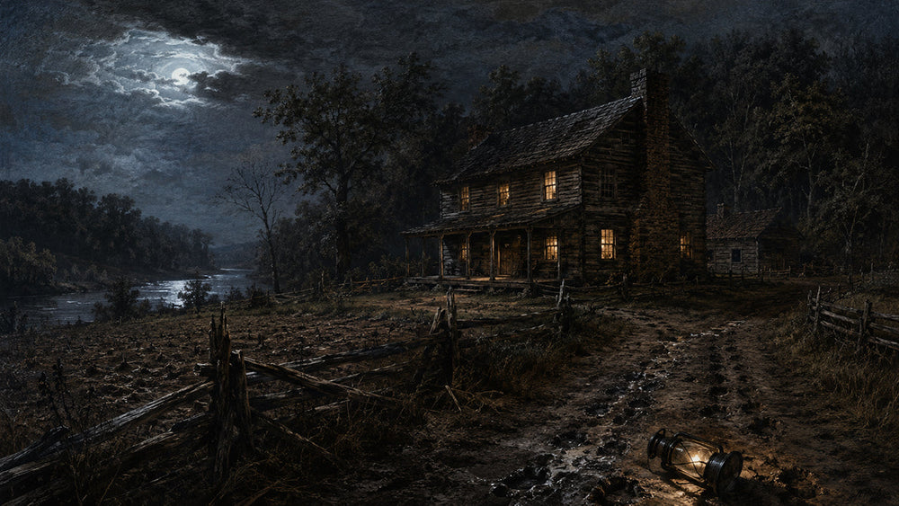 Isolated early nineteenth-century Tennessee farmhouse at night evoking the Bell Witch legend