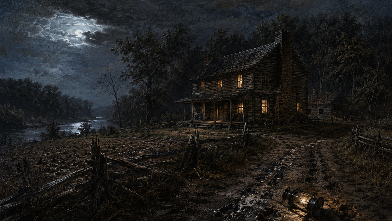Isolated early nineteenth-century Tennessee farmhouse at night evoking the Bell Witch legend