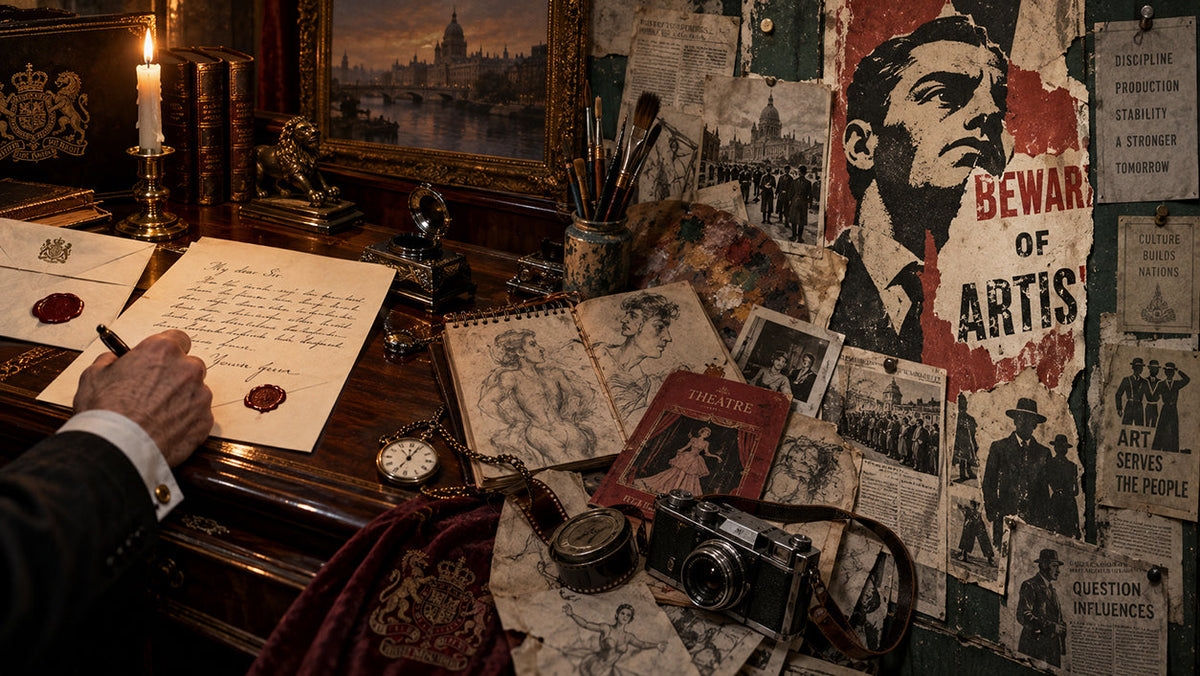 Victorian royal correspondence on a desk transforming visually into a distressed twentieth-century propaganda poster warning about dangerous artists