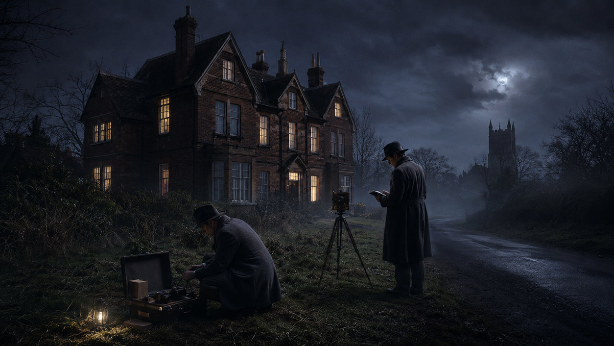 Victorian Borley Rectory at night during a 1930s paranormal investigation