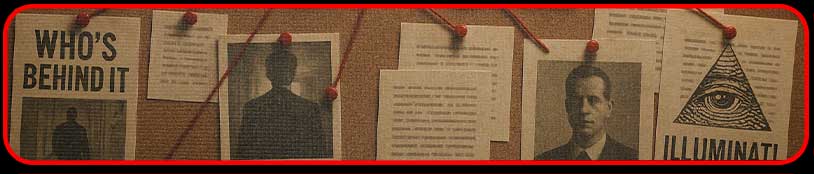 Conspiracy Theory blog post header image featuring a corkboard with red string connections between various conspiracy clippings