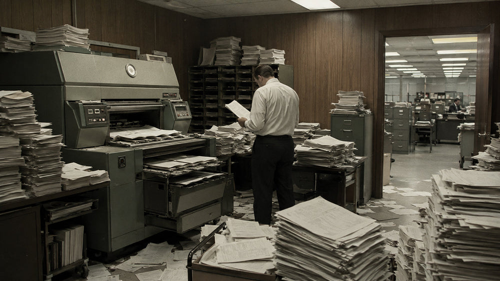1960s office worker surrounded by an overwhelming avalanche of paper from an early photocopier