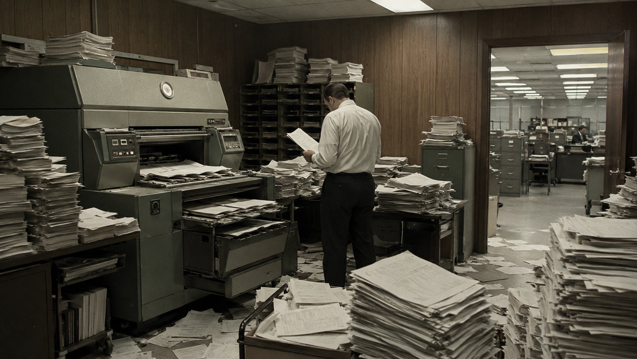 1960s office worker surrounded by an overwhelming avalanche of paper from an early photocopier