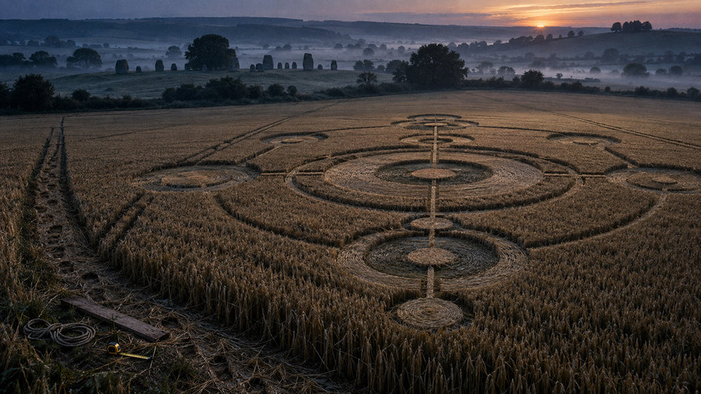 Intricate crop circle appearing overnight in a moonlit Wiltshire wheat field near ancient standing stones