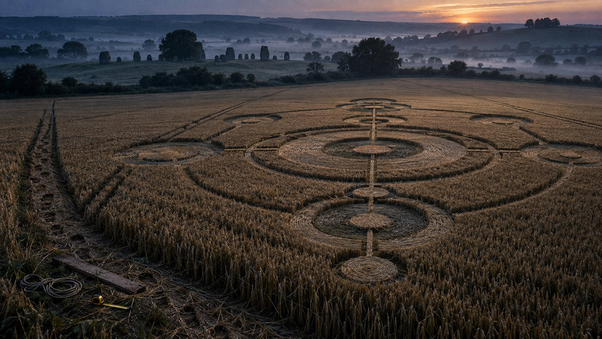 Intricate crop circle appearing overnight in a moonlit Wiltshire wheat field near ancient standing stones