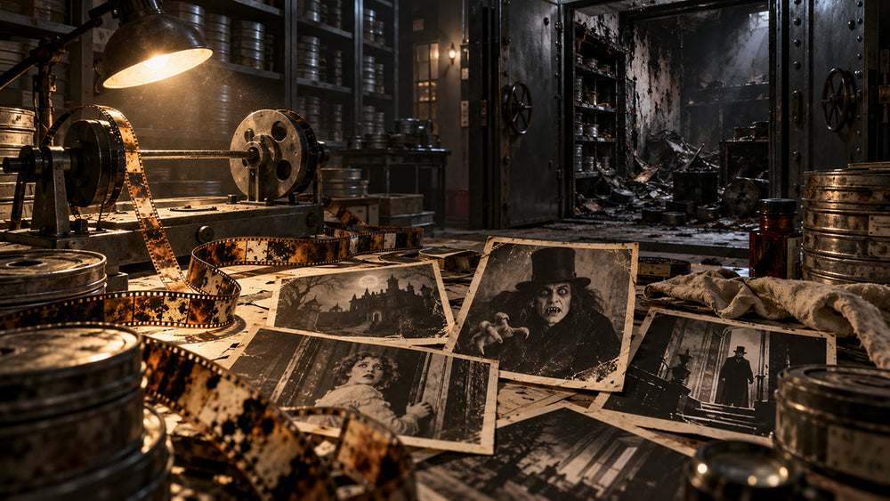Lonely 1920s film archive vault with nitrate reels, surviving production photographs and the sinister silhouette of Lon Chaney’s London After Midnight character